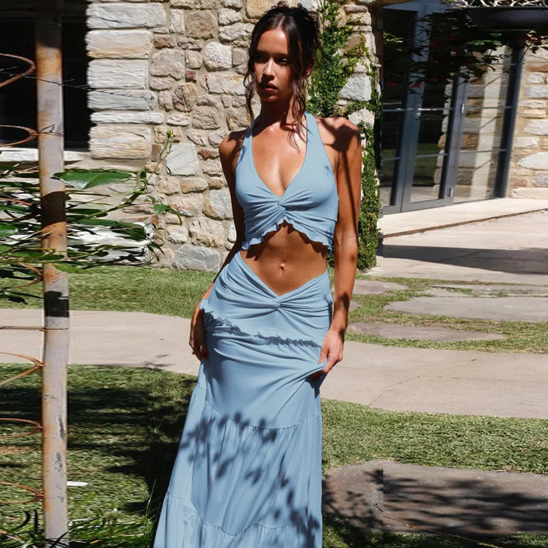 Cryptographic Elegant Two Piece Sets Sleeveless Frill Halter Twist Top Dress Sets Outfits Fashion Co-ord Sets Coquette Clothes