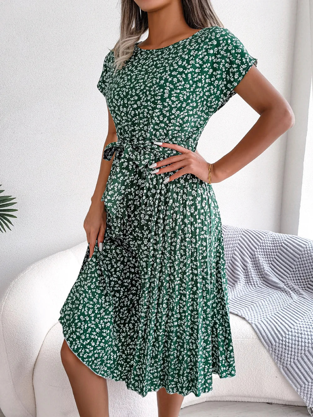 Chic Casual Pleated Short Sleeve Midi Dress for Women