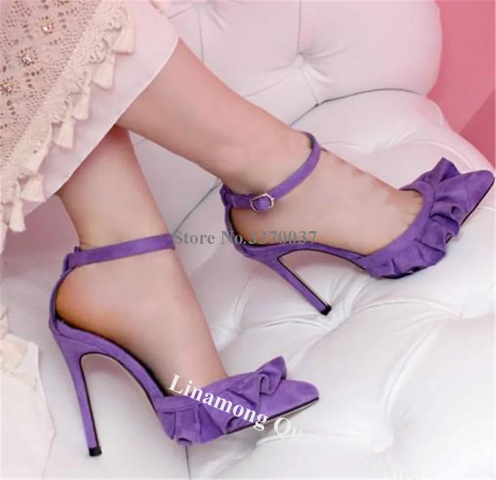 Yellow Suede Ruffle Ankle Strap Pointed Toe Stiletto Pumps For Women