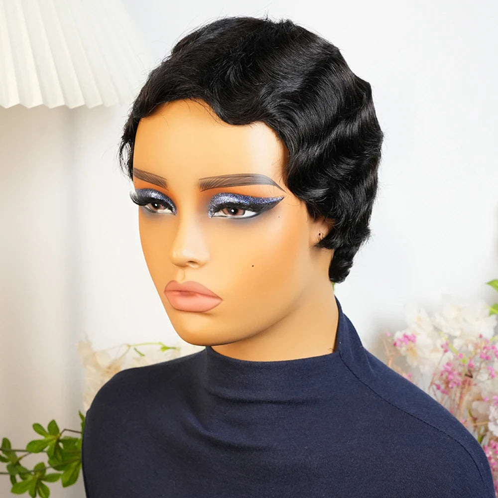 Short Finger Wave Premium Remy Human Hair Wig for Women