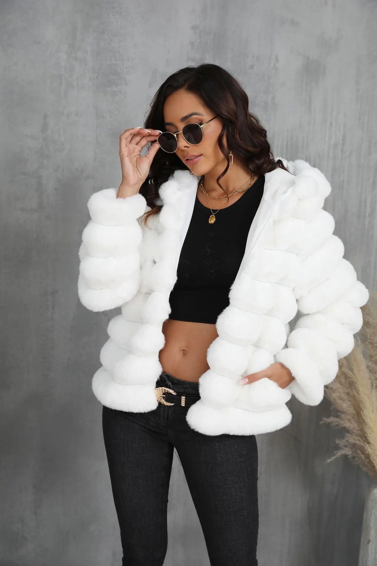 Warm Hooded Short Faux Fur Coat With Turn Down Collar for Women