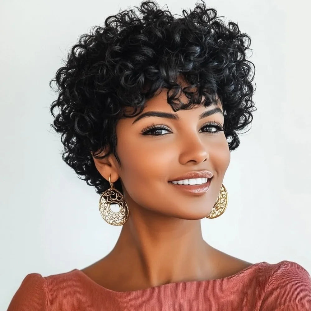 Short Curly Pixie Cut Brazilian Human Hair Wig for Women