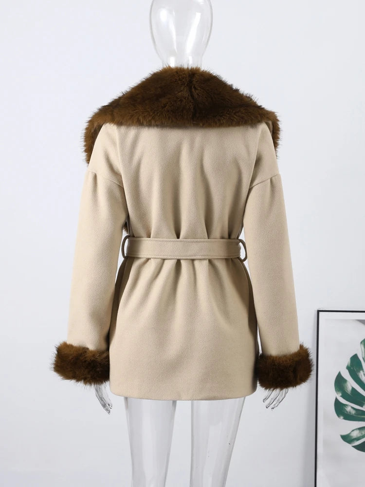 Shawl Faux Fur Coat With Lace Up Belt for Women