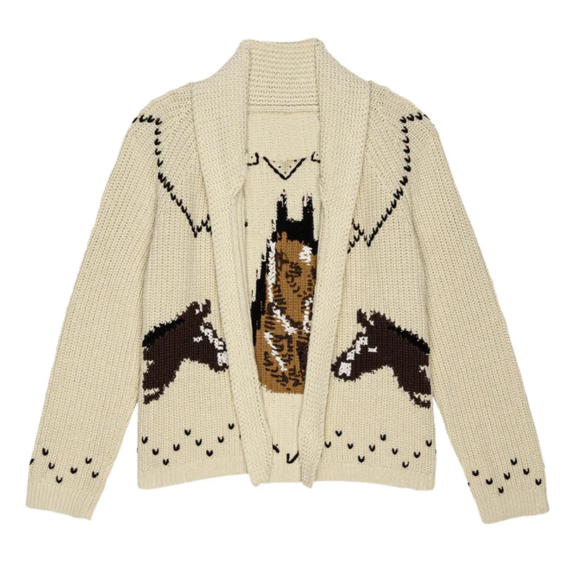 Cozy Jacquard Knit Turn-Down Collar Cardigan for Women