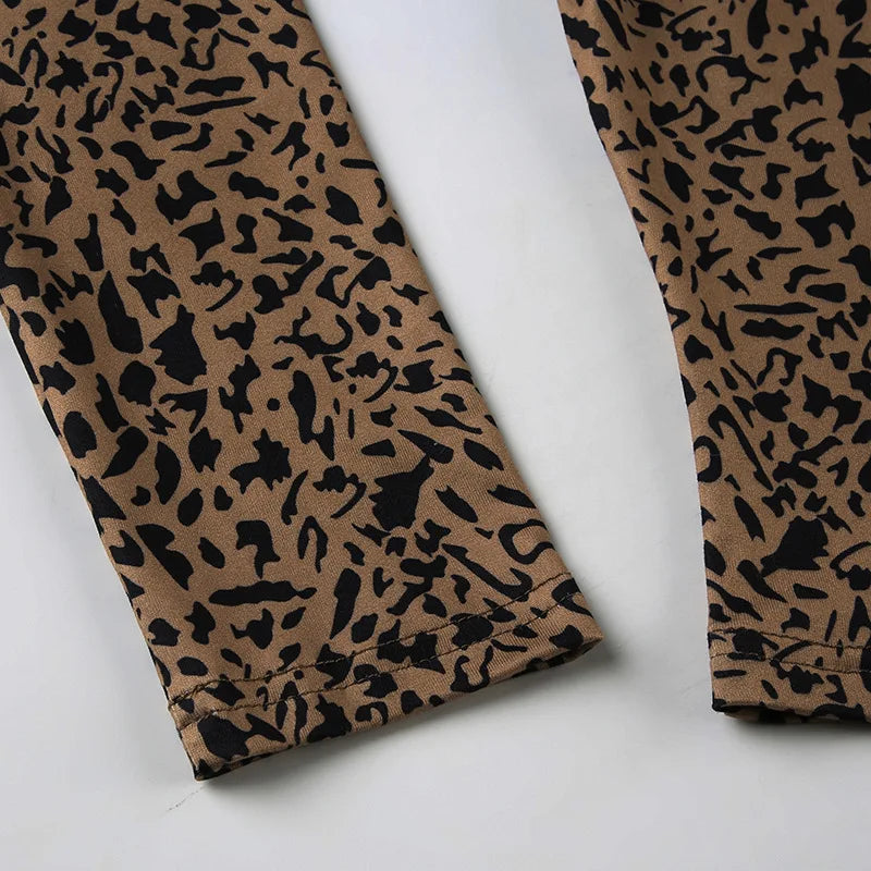 FAGADOER Fashion Leopard Print 2 Piece Sets Women Outfit Long Sleeve Crop Top + Low Waist Skinny Pants Suits Female Streetwear