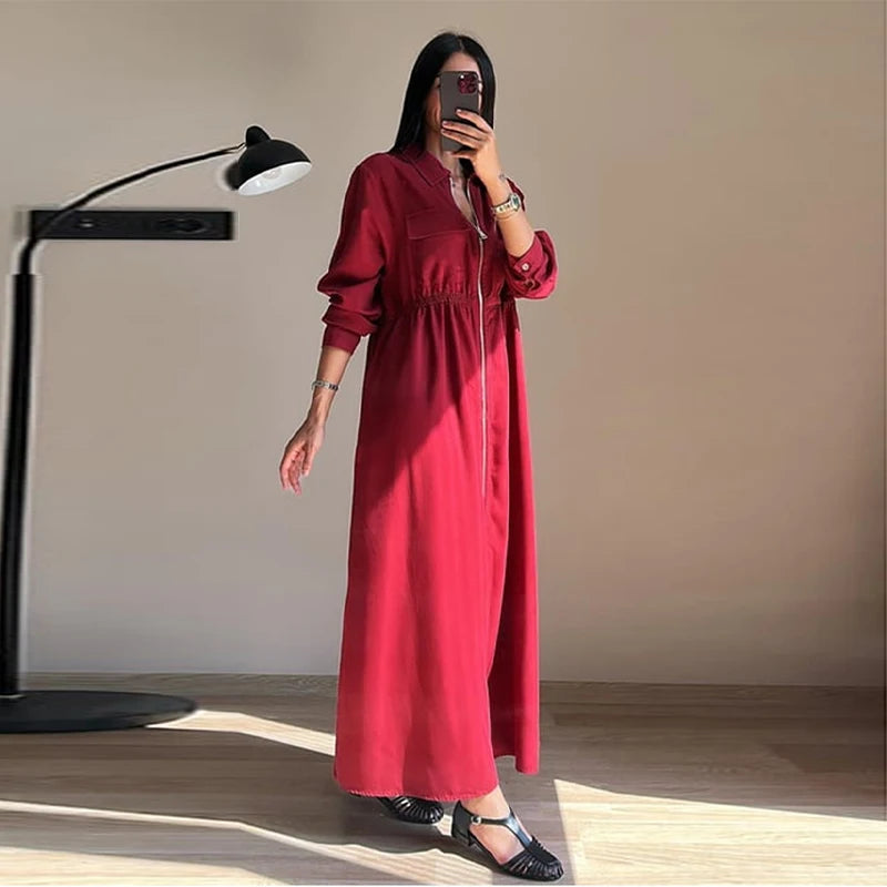 Women's Fashion Zipper Waist Long Dress Casual Solid Laple Full Sleeve A-line Long Robe Lady 2025 Autumn Chic Loose Streetwear