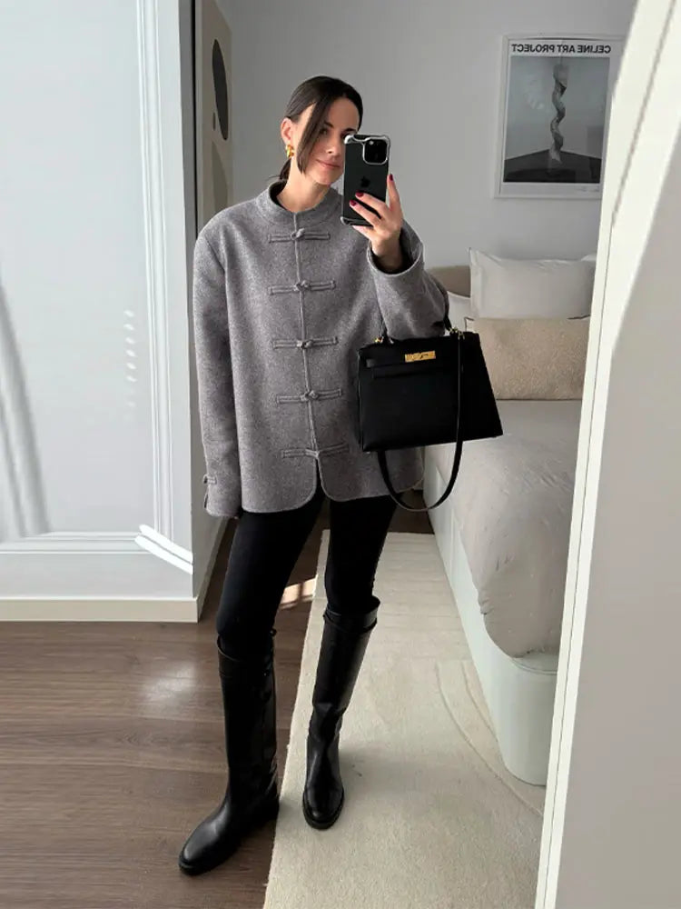 Elegant Chinese Style Single Button Long Sleeve Coat for Women