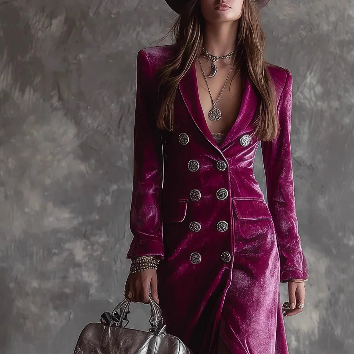 Elegant Women Velvet Lapel Double Breasted Long Sleeve Slit Midi Dress Autumn Winter Solid Color Slim Fit Female Party Dress