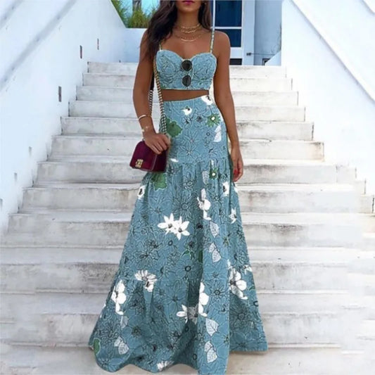 2 Pcs/Set Beach Crop Top Skirt Set Colorful Print Rich Colors Spaghetti Strap Floor Length Sleeveless Lady Tank Top Skirt Suit