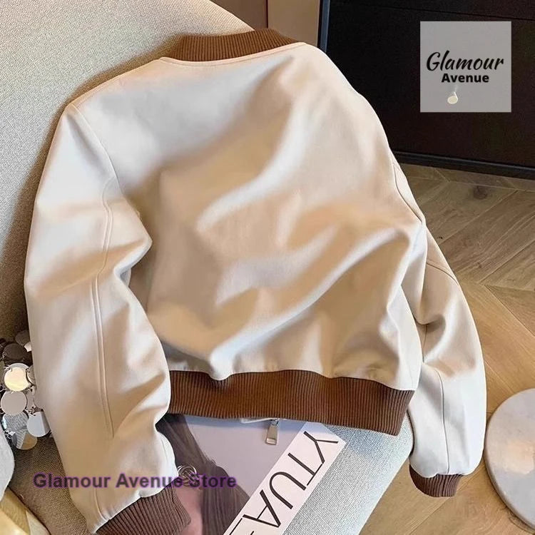 American retro street baseball uniform jacket women's spring and autumn new contrast thin casual Joker short jacket top.