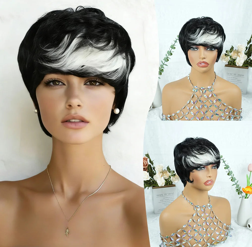 Short Pixie Remy Human Hair Wig With Bangs for Women