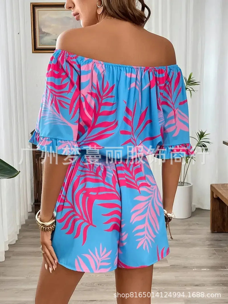 One-Shoulder Printed Short-Sleeve Lace-Up Waist Jumpsuit for Women