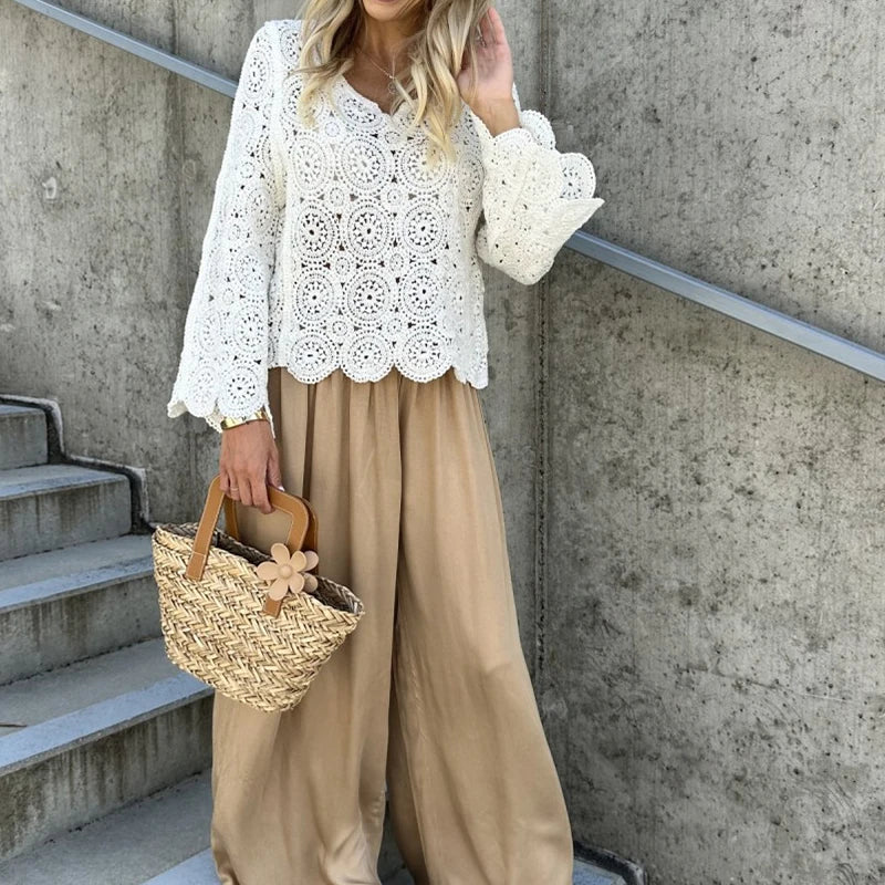 New Casual Solid Color Beach Cover Tees Sexy V-neck Long Sleeved Crochet Top Summer Vacation Hollow Out Knitted Women's T-shirt