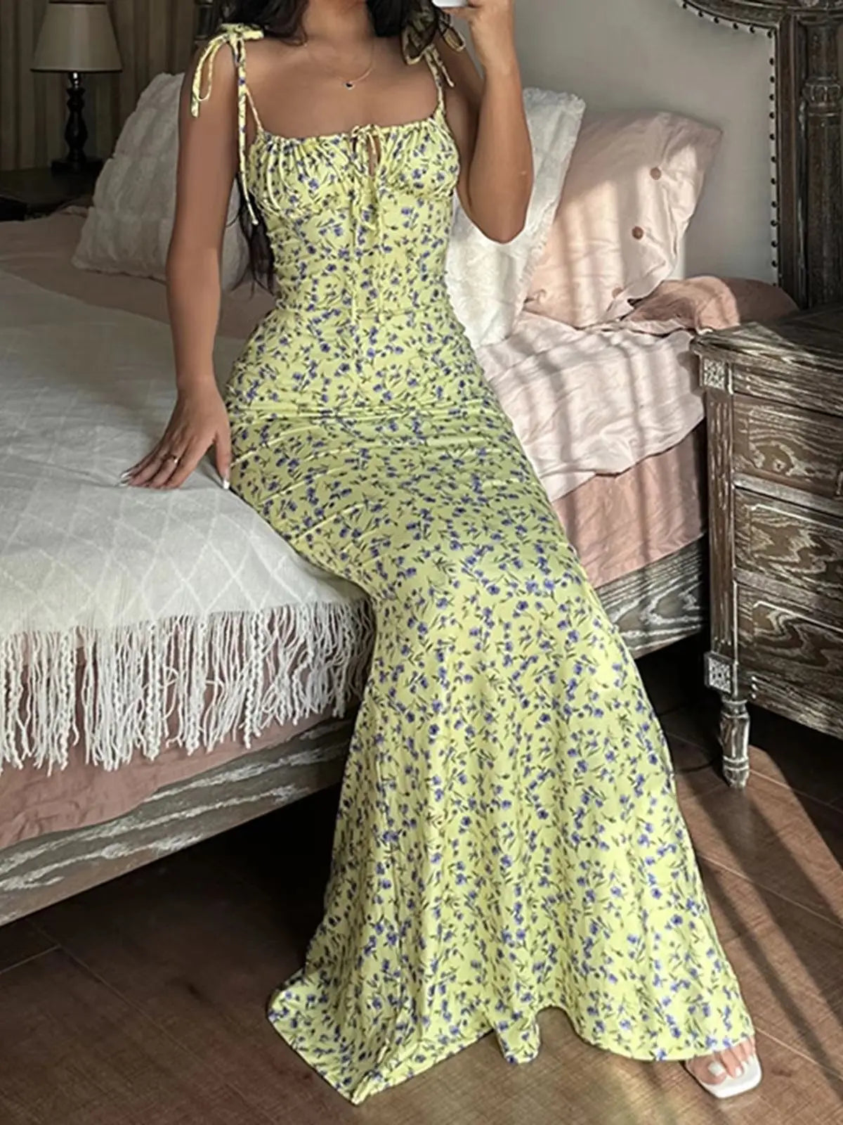 Floral Spaghetti Strap V Neck Midi Dress for Women