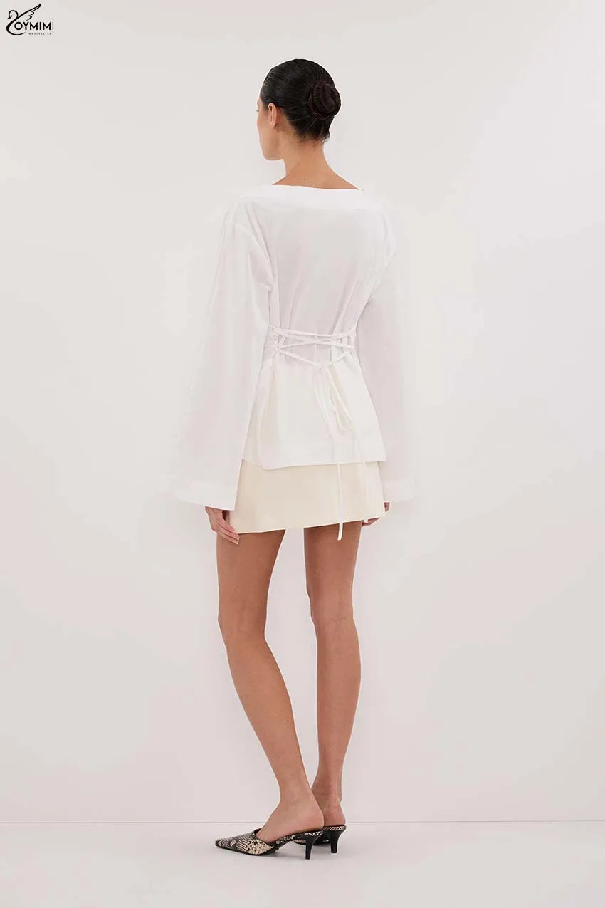 Oymimi Fashion Black Cotton Women's Blouse Elegant O-Neck Long Sleeve Loose Blouses Casual New Solid Lace-Up Blouses Streetwear