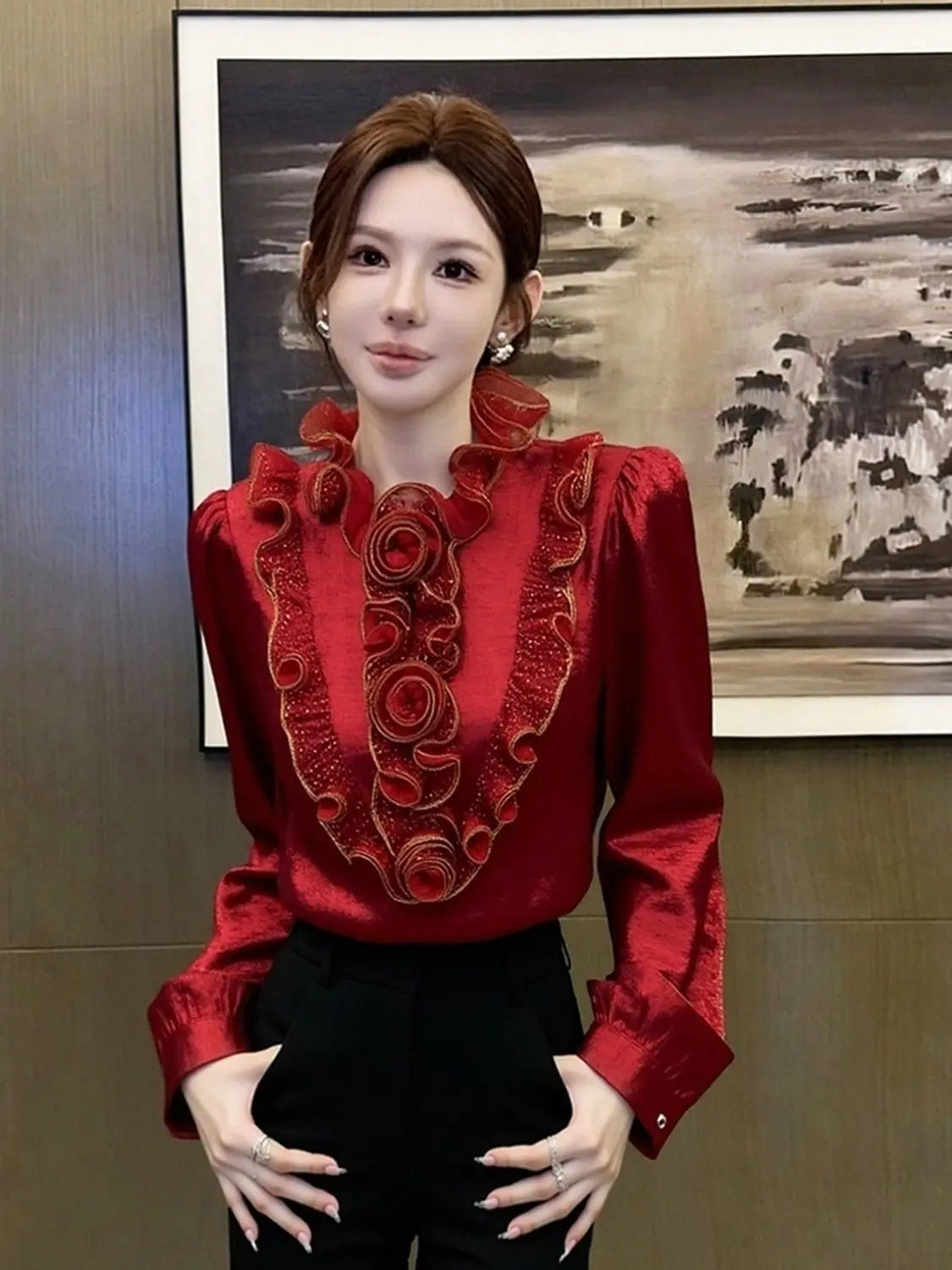 French Inspired Red Scalloped Edge Casual Top for Women