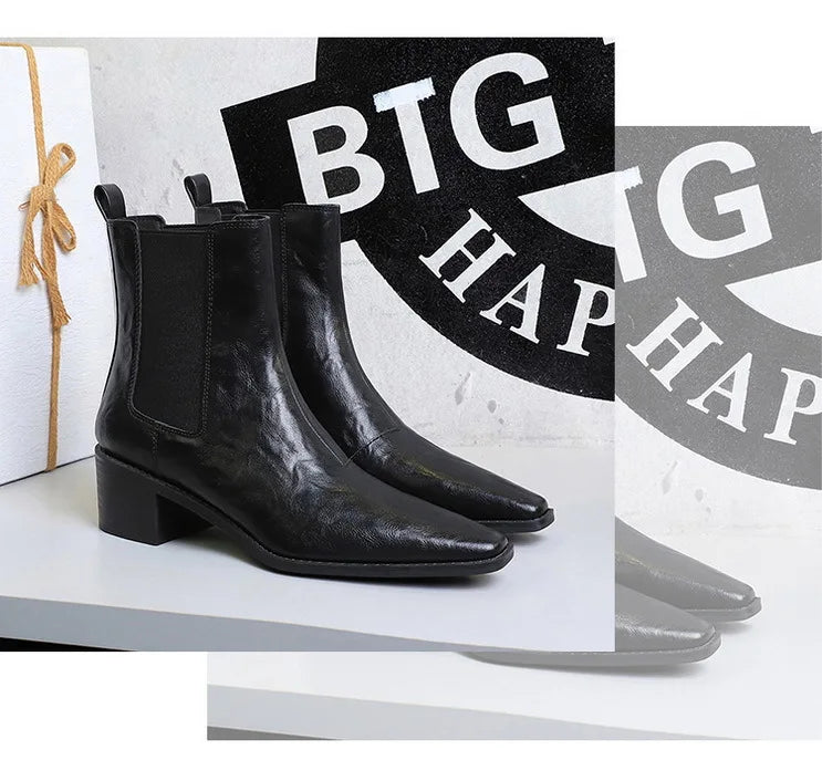 Black Pointed Toe Block Heel Ankle Boots
