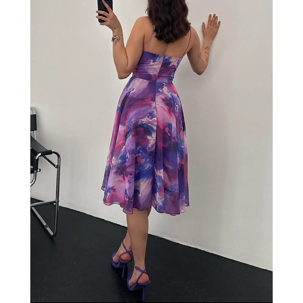 Summer Women Dress Ombre Print Spaghetti Strap Cowl Neck Dress Casual A Line Sheer Mesh Dress for Party Evening Vestidos