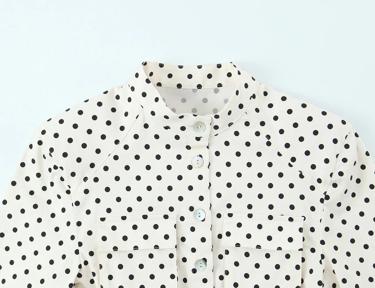 Polka Dot Shirt Jacket and Capri Pants Two Piece Set for Women