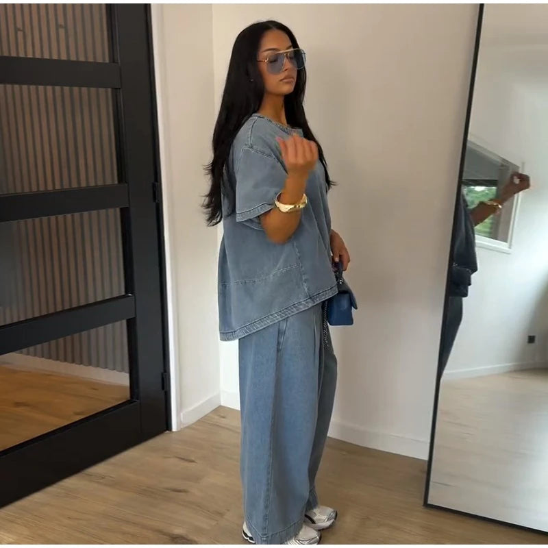 Oversized O Neck Casual Denim Two Piece Set for Women