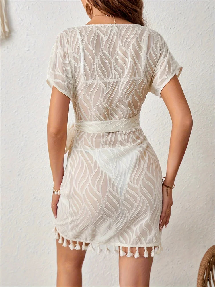 Swim Cover Up Lace White Beach Dress Sexy V-neck Long Cover up Woman Swimwear Bikini Tunic Long Pareos Robe Beachwear Outfit