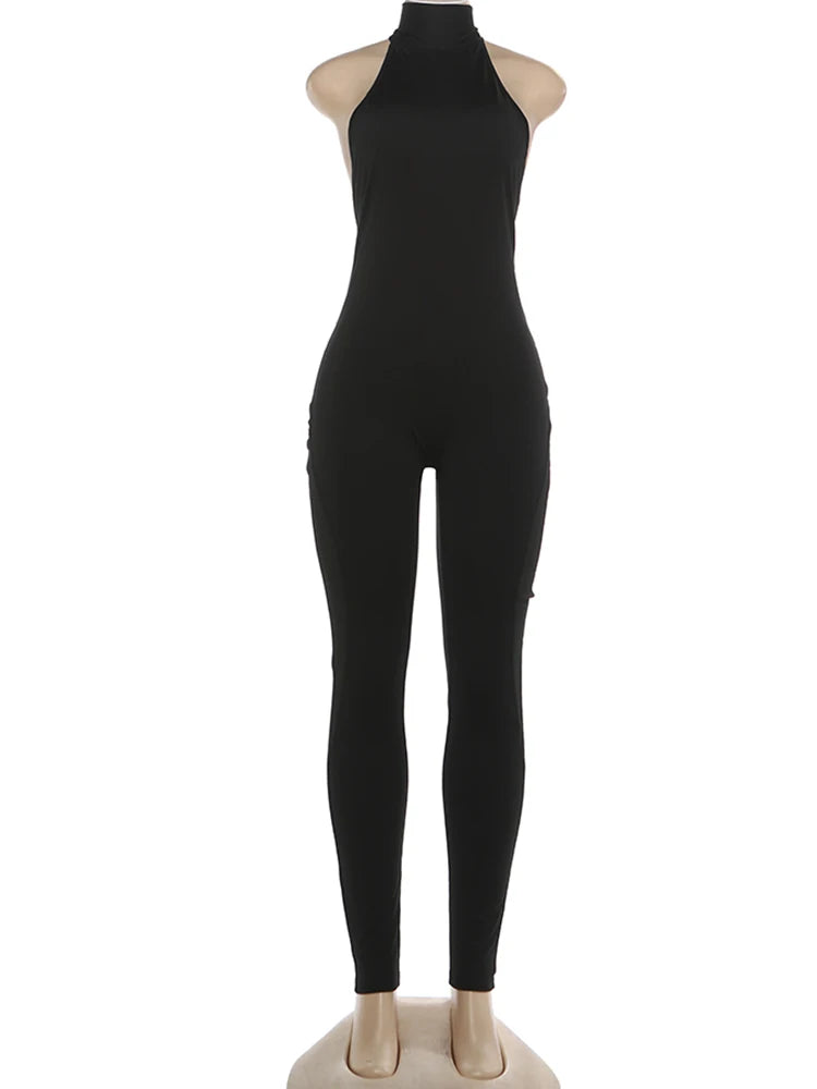Peach Backless Halter Skinny Fit Jumpsuit for Women