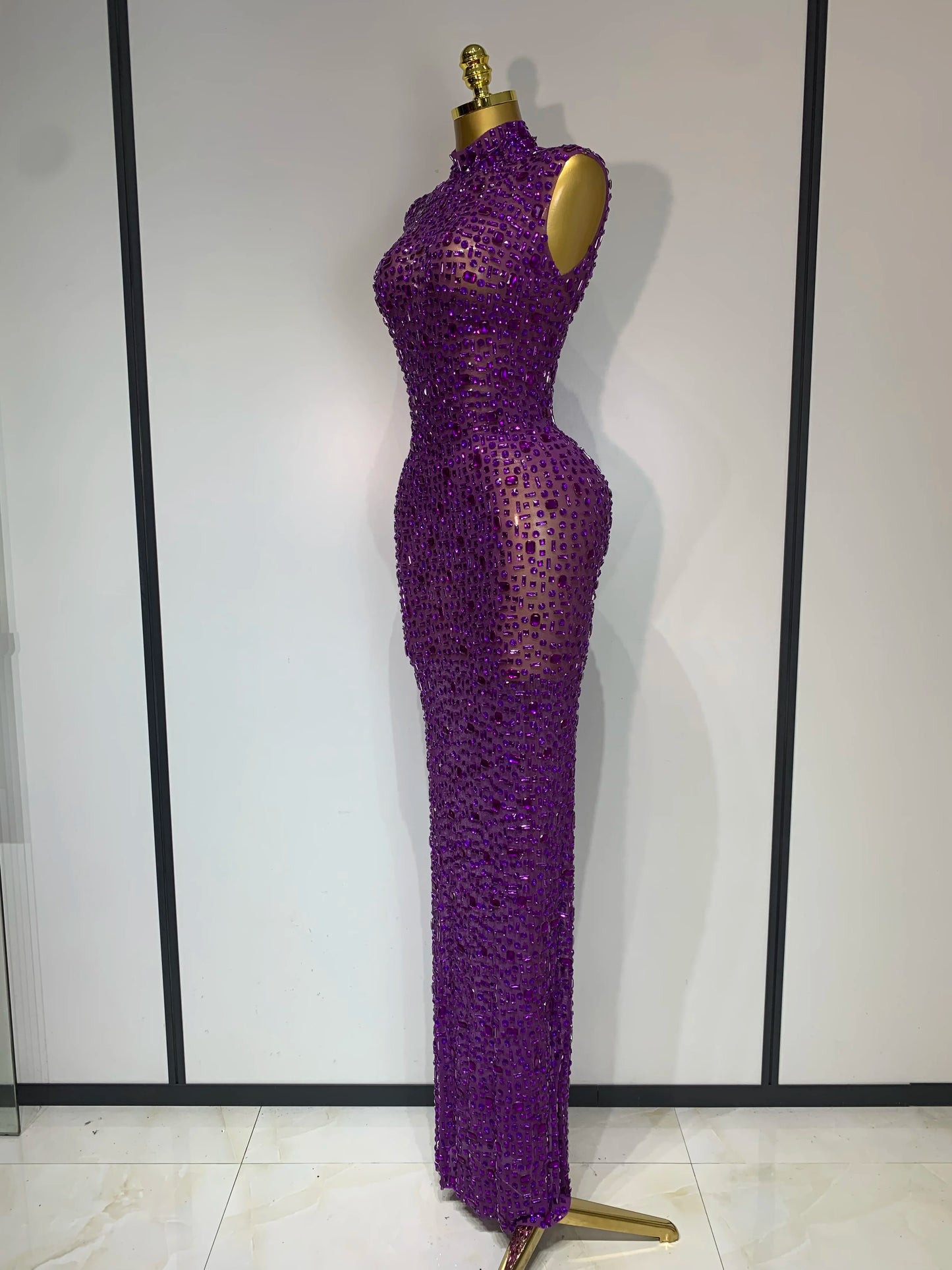 Sparkly Gold Rhinestone Sleeveless Stretch Long Dress Women Sexy Mesh Celebrate Evening Prom Birthday Dress Photo Shoot Wear