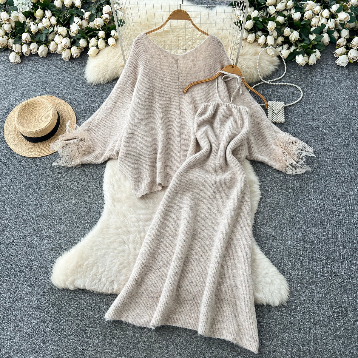 Lace Trim Knit Cardigan and Floral Halter Dress Set for Women