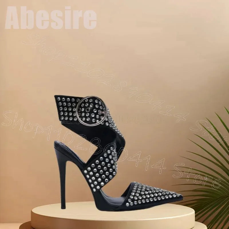Elegant Black Crystal Pointed Toe Sandals for Women