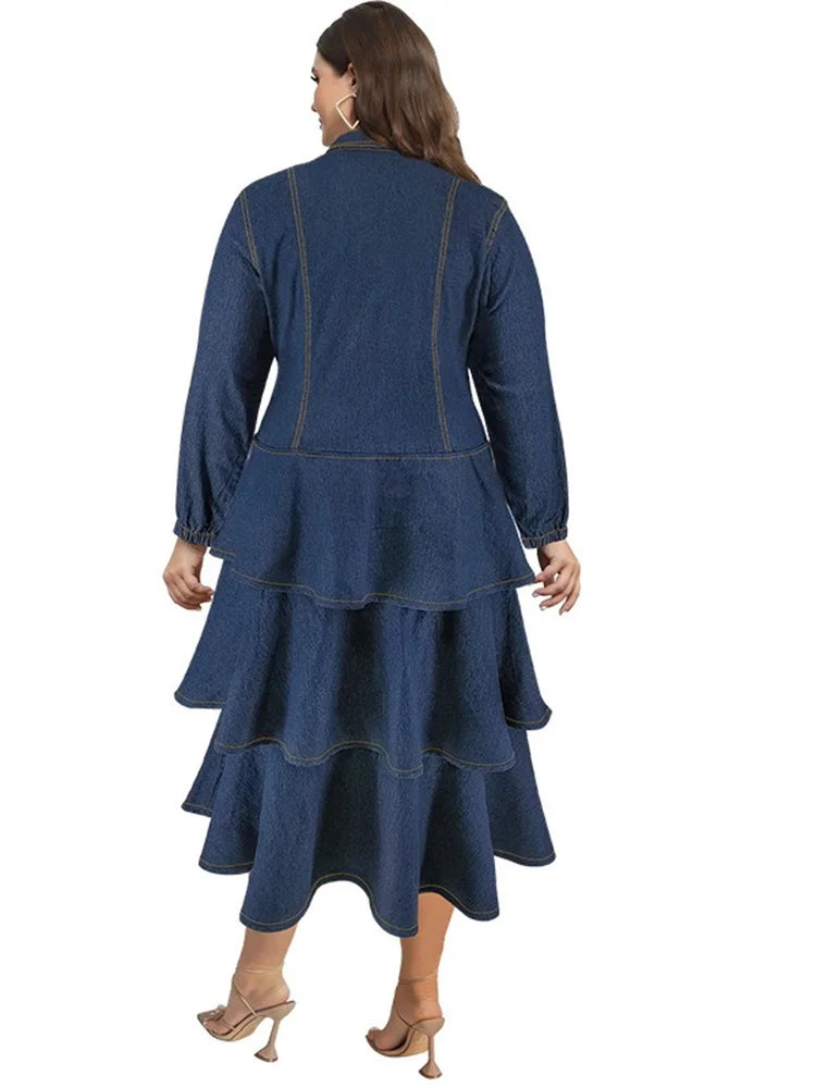 Wmstar Plus Size Denim Dresses for Women Button Solid Fashion Elegant Maxi Long Dress Fall Winter Clothes Wholesale Dropshipping