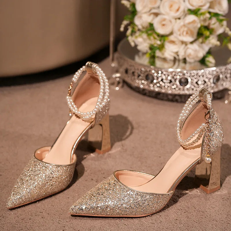 Pearl Embellished High Heel Ankle Strap Sandals for Women