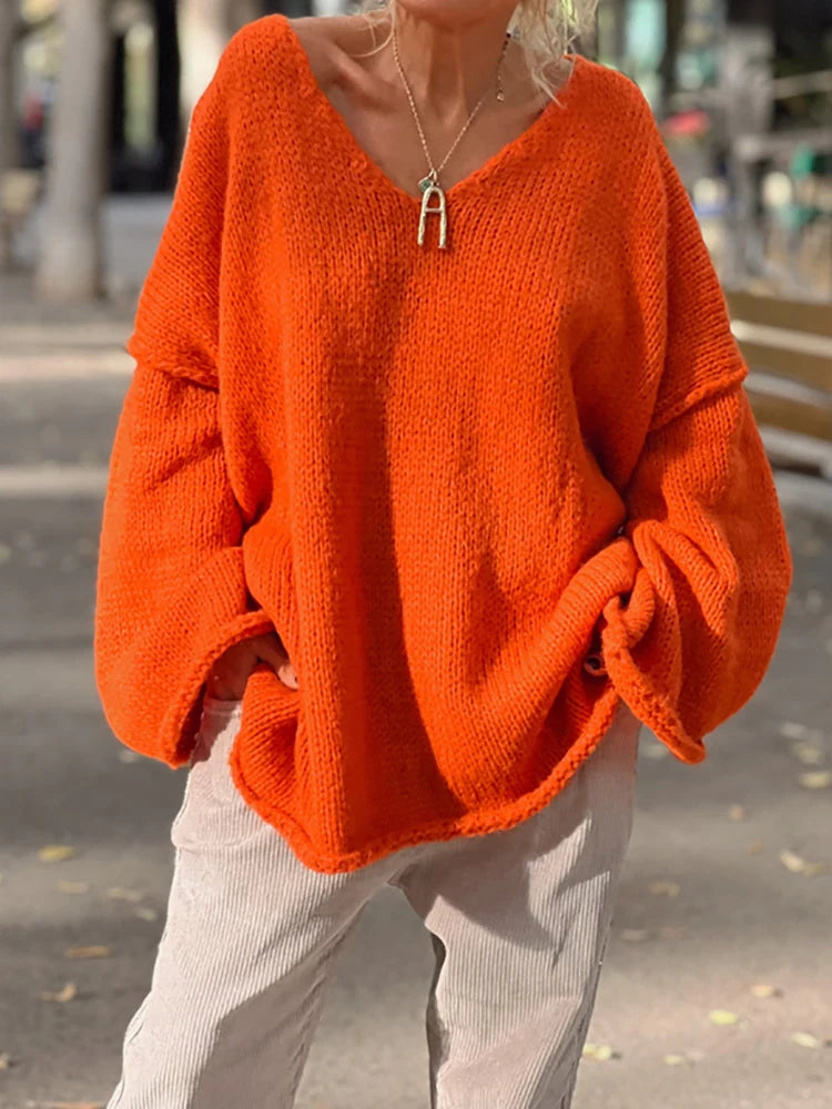 Casual V Neck Patchwork Simple Tops, Women Autumn Winter Long Raglan Sleeve Solid Sweaters, 2025 Loose Straight Ladies Pullovers