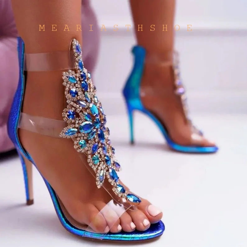 Clear Rhinestone T Strap Open Toe Gladiator Sandals For Women