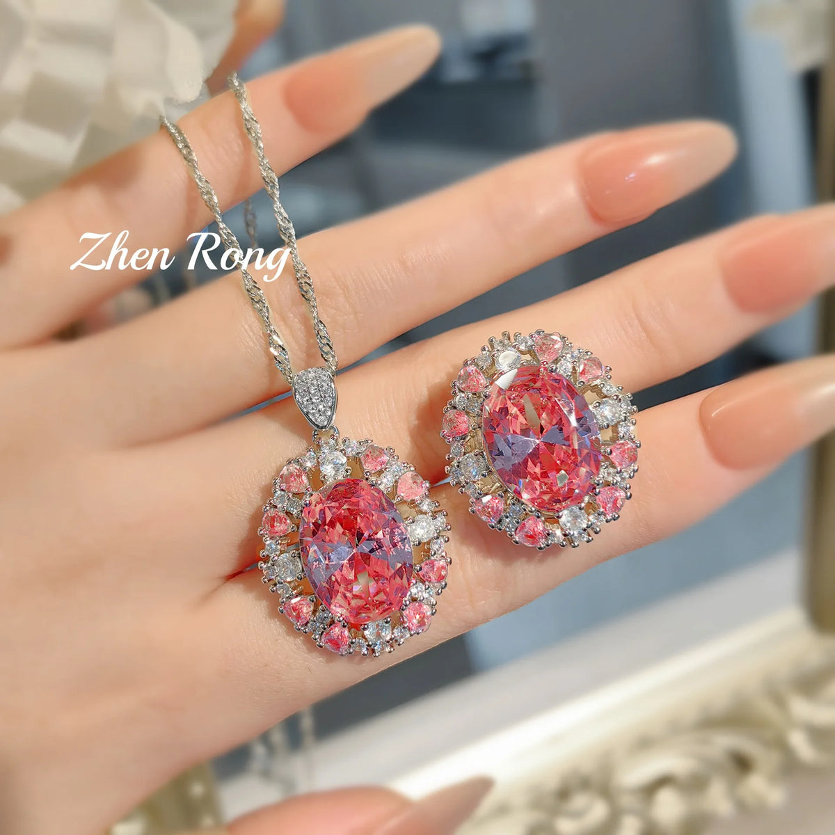 Romantic Pink Cubic Zirconia Necklace and Ring Set for Women