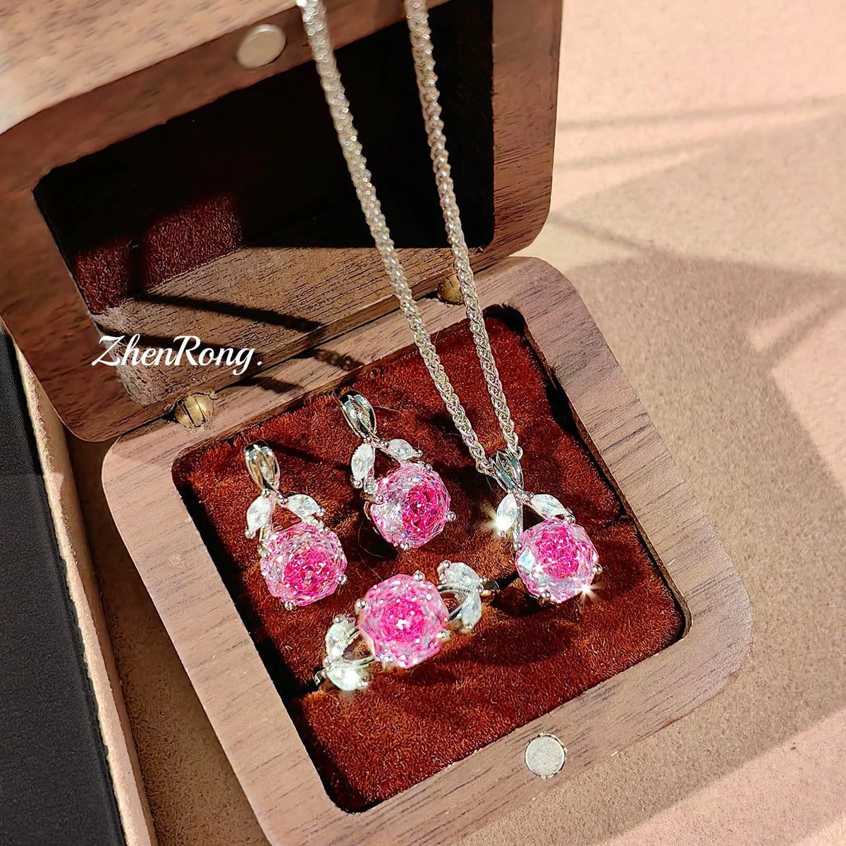 Rose Flower Cubic Zirconia Pendant Jewelry Set for Women