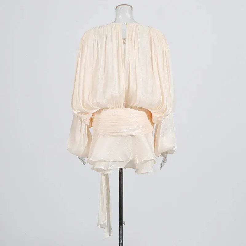 TWOTWINSTYLE Loose Solid Dresses For Women Round Neck Lantern Sleeve High Waist Spliced Fold Mini Chic Dress Female Fashion 2025