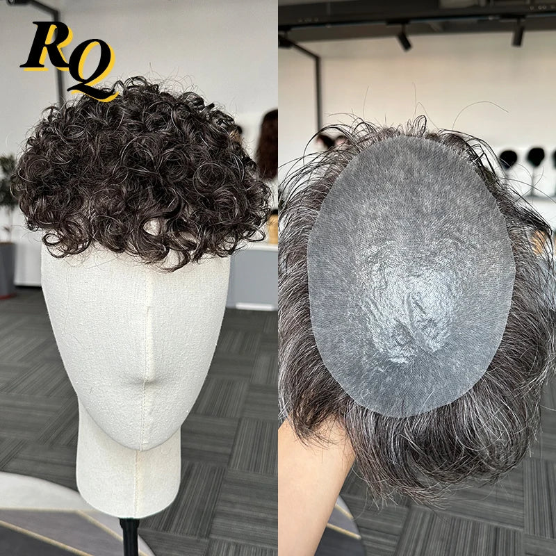 Pre Styled Thin Skin Curly Human Hair Toupee For Men