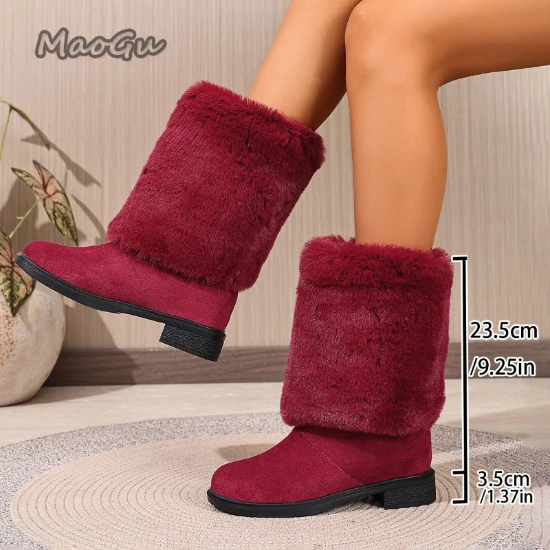 Plush Faux Fur Slip On Mid Calf Winter Snow Boots For Women