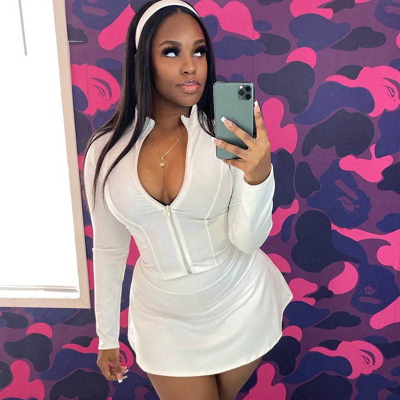 FAGADOER Sexy Sporty 2 Pieces Set for Woman Zipper Long Sleeve Jacket Tops + Pleated Skirts Tracksuits Female Streetwear 2025