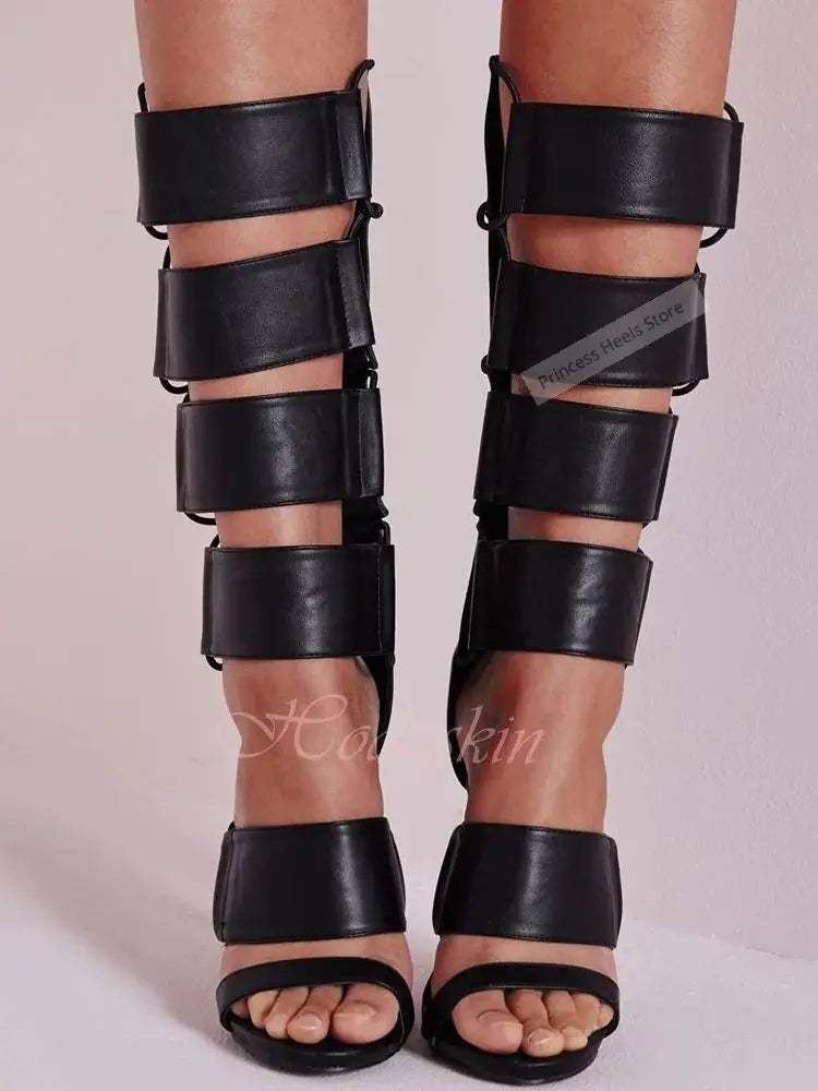 Knee High Cutout Strappy Leather Boots With Stiletto Heels for Women