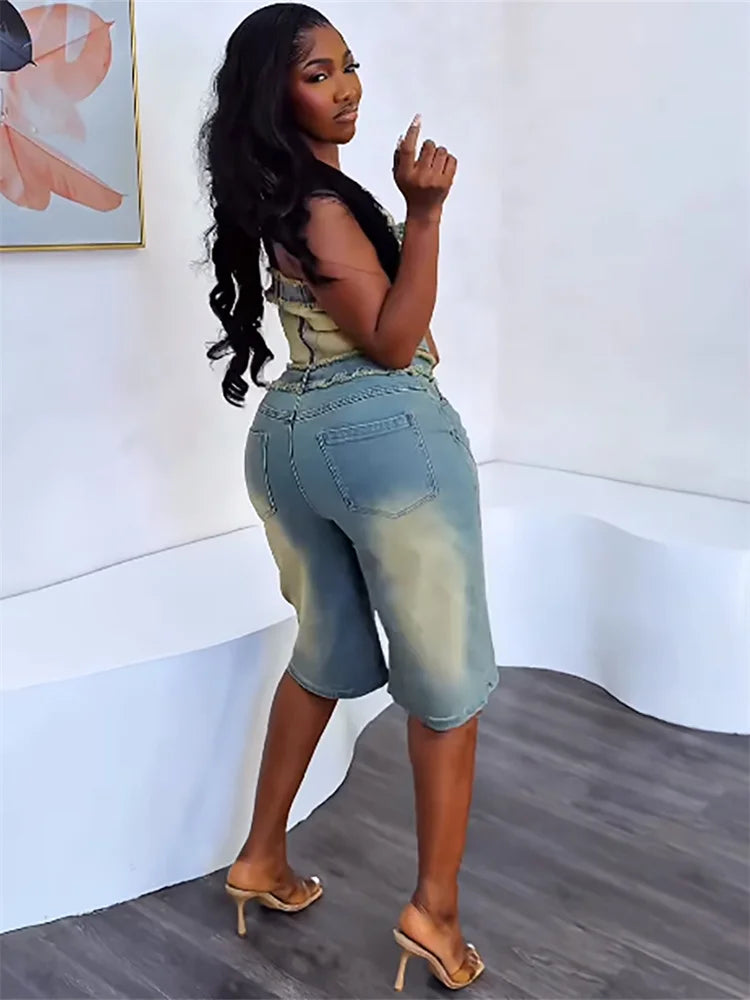Weird Puss Cowboy 2 Piece Set Women Vintage Hipster Wrap Zip Backless Tube Tops+Button Straight Shorts Sexy Summer Matching Suit