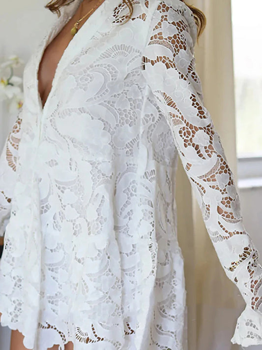 Sexy V Neck Hollow Solid Color Short Dress Casual Loose Flared Sleeve Dress Lace Embroidery Single Breasted Women's Party Dress