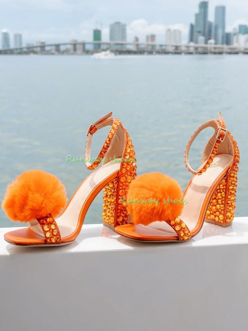 Elegant Rhinestone Open Toe Square Heel Sandals for Women