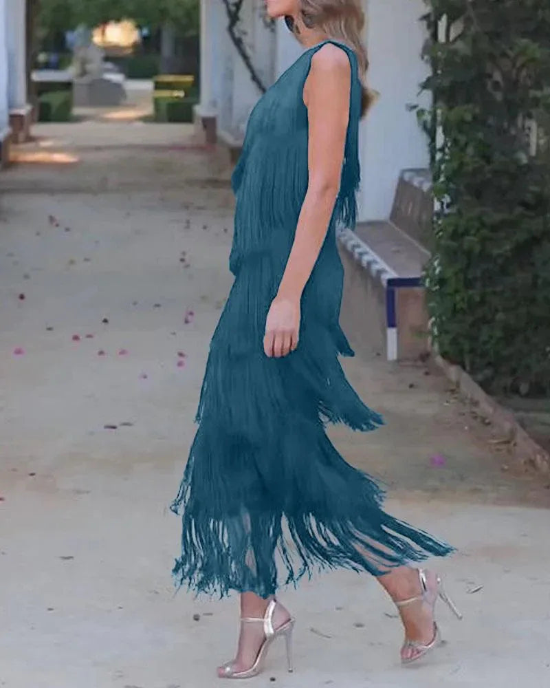 Diagonal Collar Tassel Sleeveless Summer Dress for Women