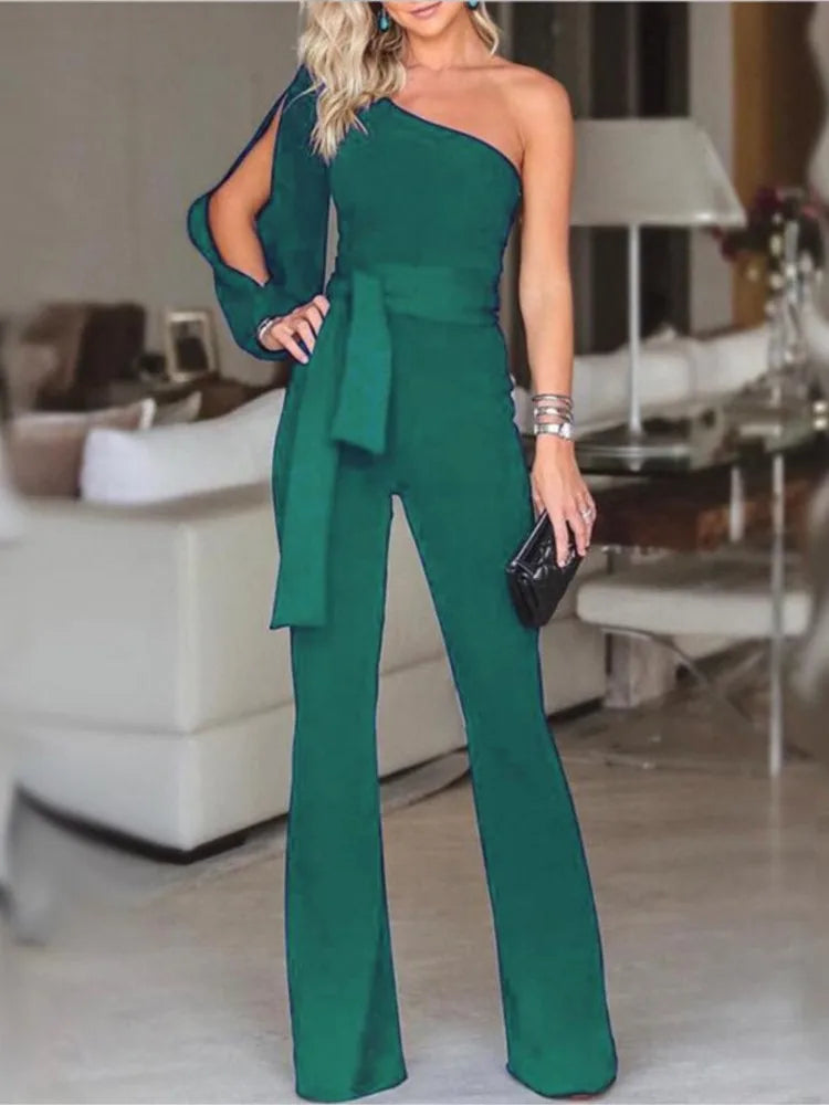 Solid Color Off-Shoulder Lace-Up Slim High Waist Jumpsuit for Women