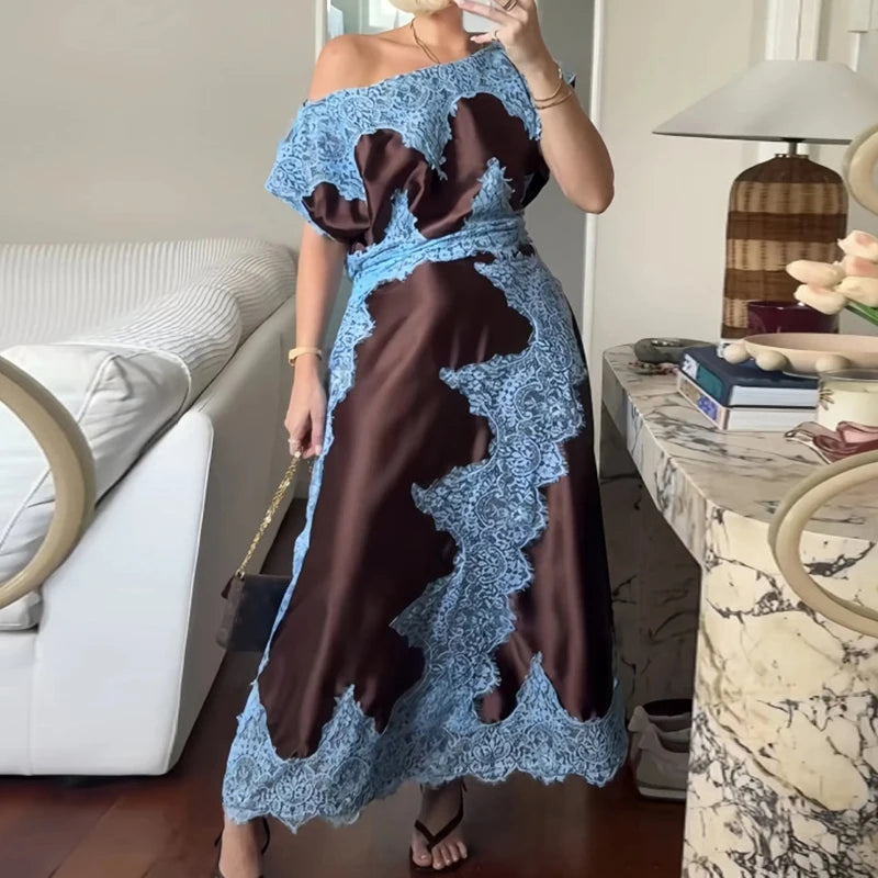 Lace Patchwork Short Sleeve Slash Neck Maxi Dress for Women