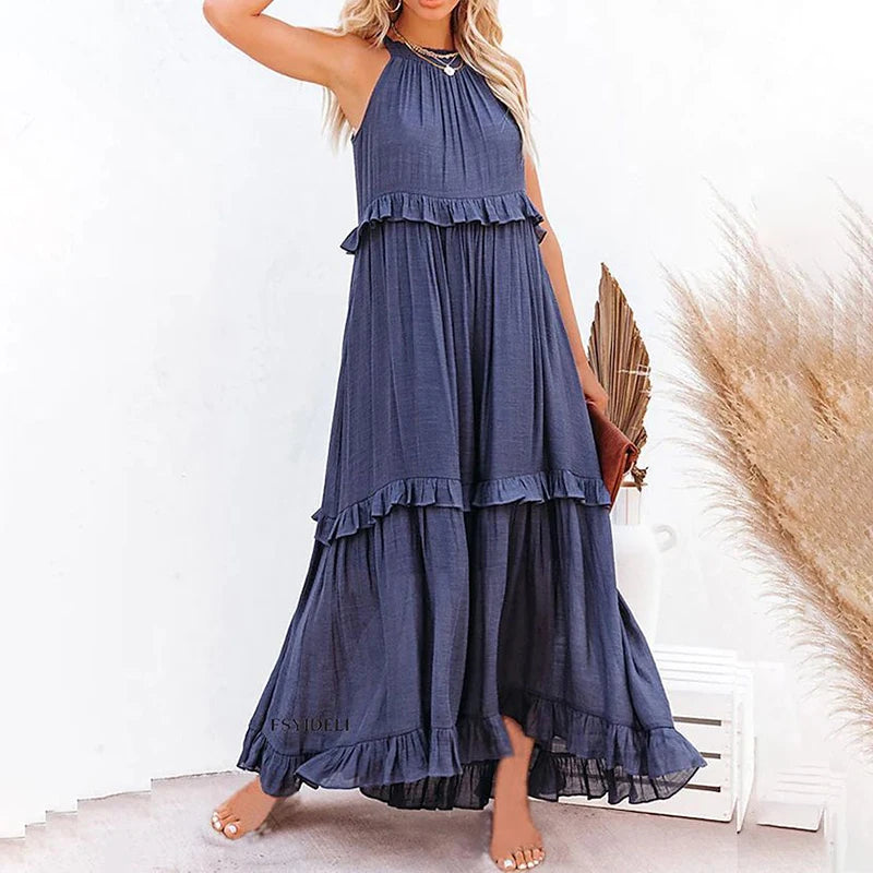 Solid Ruffled Sleeveless Maxi Sundress for Women
