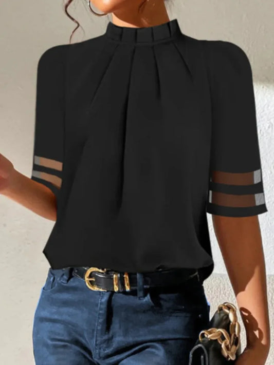 2025 Summer Women's Solid Black Tops Pleated Round Neck Mesh Patchwork Short Sleeve T-shirt Female Casual Shirts