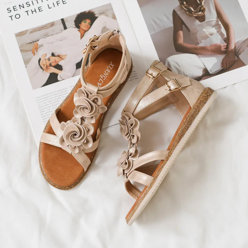 Strappy Bohemian Floral Printed Flat Sandals for Women