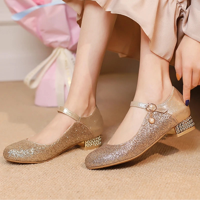 Sequined Square Toe Mary Jane Pumps